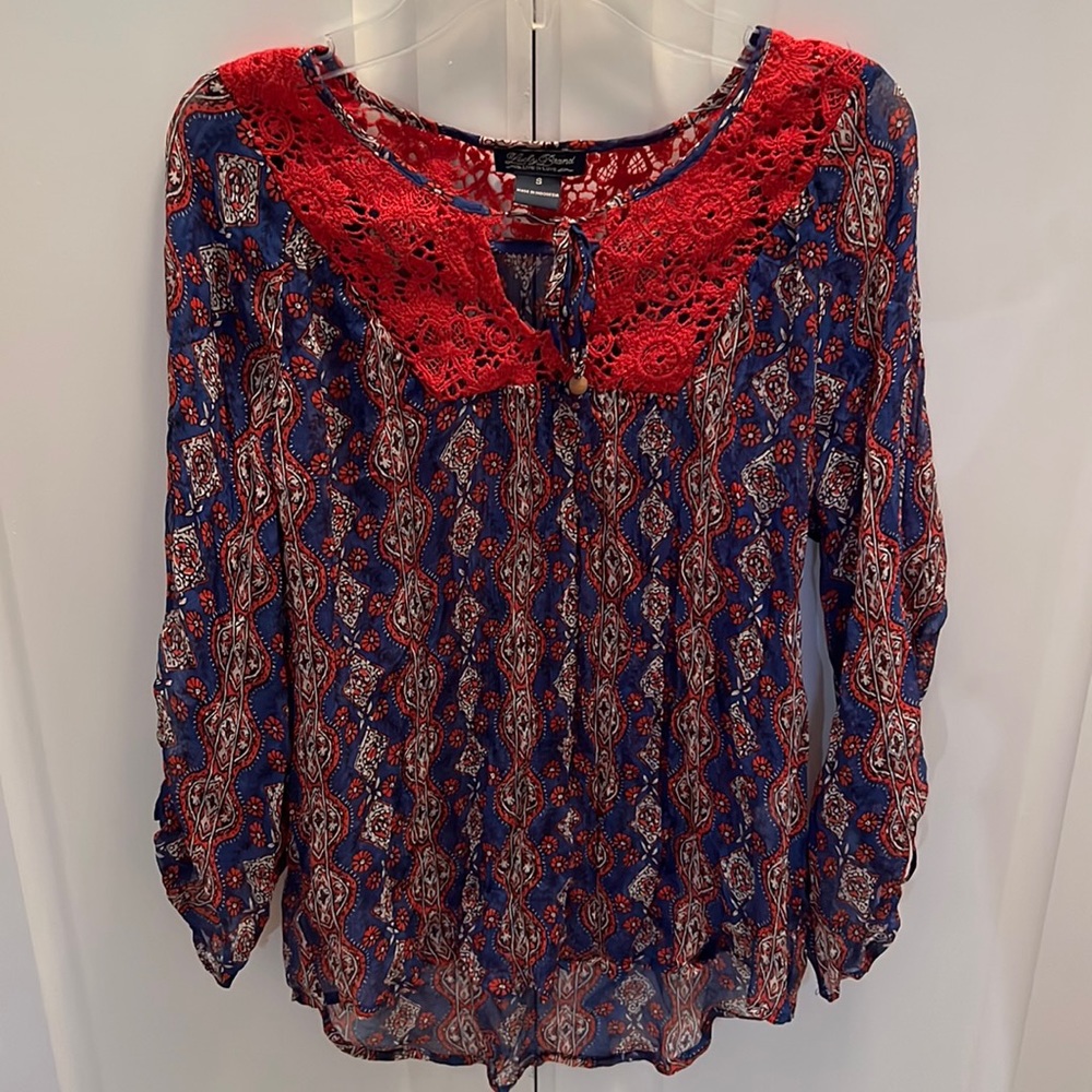 Lucky Brand - Women's - Sheer Blouse -  3/4 Sleeves - Lace Pattern Neck - Size S